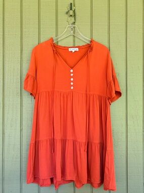 ELINGS Burnt Orange Tiered Smock Dress Size Small EUC 100% Viscose Boho Mini